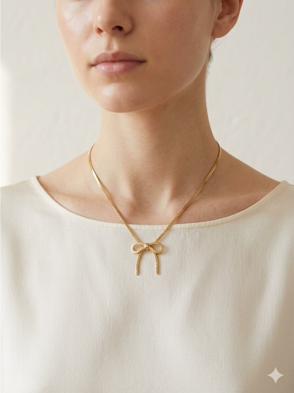 Vintage 80s Avon Gold Metal Bow Pendant Necklace